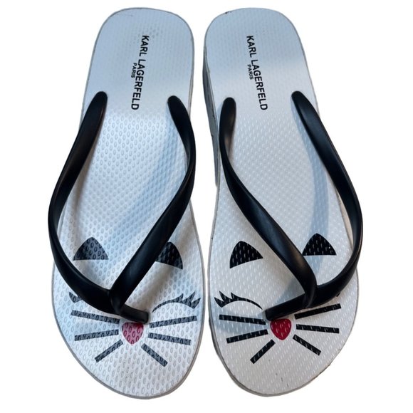 Karl Lagerfeld Paris flip flop Wedge Arch Platform Women’s Size 9.5 Kitty Prints - Picture 1 of 5